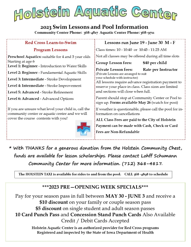 Holstein Aquatic Center 2023 Information flyer 